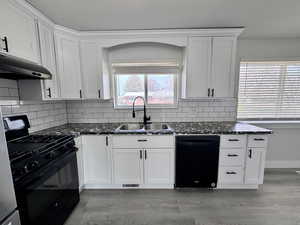 Kitchen with under cabinet range hood, light wood-type flooring, white cabinets, black appliances, and a sink
