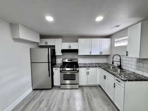 Kitchen with visible vents, a sink, light wood-style floors, under cabinet range hood, and appliances with stainless steel finishes