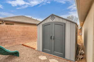 View of shed featuring a fenced backyard