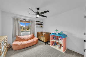 Interior space featuring carpet flooring, ceiling fan, baseboards, and visible vents