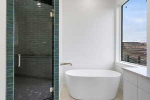 Bathroom with a stall shower, a freestanding tub, plenty of natural light, and vanity