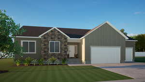 View of front of house featuring a shingled roof, a front lawn, a garage, stone siding, and driveway