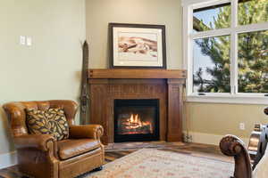 Living area featuring plenty of natural light, a fireplace, and baseboards