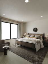 Rendering of Carpeted bedroom with recessed lighting and a textured ceiling