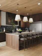 Rendering of Kitchen featuring modern cabinets, light wood-type flooring, a kitchen bar, decorative backsplash, and wooden ceiling