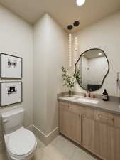 Rendering of Full bath featuring vanity, tile patterned floors, and a tile shower