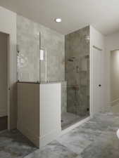 Rendering of Bathroom featuring a stall shower, a textured ceiling, and recessed lighting