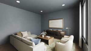 Rendering of Living room with wood finished floors and recessed lighting
