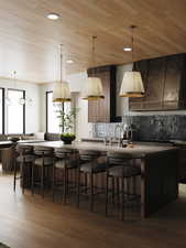 Rendering of Kitchen featuring dark wood-style flooring, tasteful backsplash, a breakfast bar, wooden ceiling, and recessed lighting