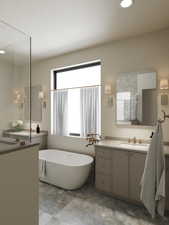 Rendering of Bathroom featuring a freestanding bath, vanity, and a textured ceiling