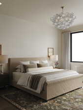 Rendering of Bedroom featuring a chandelier and wood finished floors