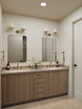 Rendering of Bathroom with double vanity and recessed lighting
