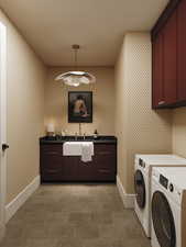 Rendering of Laundry room with cabinet space, washer and clothes dryer, and wet bar