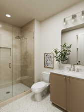 Bathroom featuring vanity, a shower stall, and recessed lighting