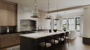 Kitchen featuring a center island with sink, backsplash, dark wood-style floors, a kitchen bar, and recessed lighting