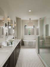 Full bath with a soaking tub, double vanity, a shower stall, tile patterned floors, and recessed lighting