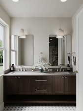 Bathroom with double vanity and a shower