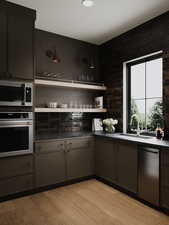Kitchen with stainless steel appliances, open shelves, and light wood-style floors