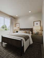 Carpeted bedroom with a textured ceiling and recessed lighting
