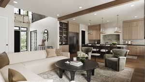 Living area with recessed lighting, dark wood-style flooring, beam ceiling, and a chandelier