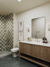 Bathroom featuring tile patterned flooring, vanity, and a stall shower