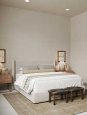 Rendering of Bedroom with carpet flooring and recessed lighting