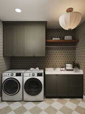 Rendering of Laundry room with cabinet space, washing machine and clothes dryer, light floors, and wallpapered walls