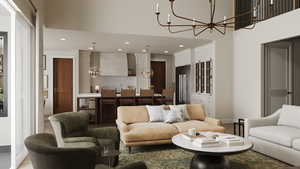 Rendering of Living room featuring a chandelier, a high ceiling, and recessed lighting