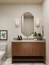 Rendering of Bathroom featuring vanity and marble look tiles