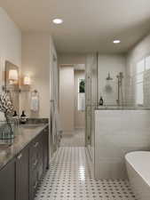 Rendering of Bathroom with a shower stall, vanity, a freestanding bath, recessed lighting, and a textured ceiling
