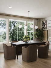 Rendering of Dining area with wood finished floors, recessed lighting, and a textured ceiling