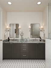 Rendering of Bathroom featuring double vanity and recessed lighting