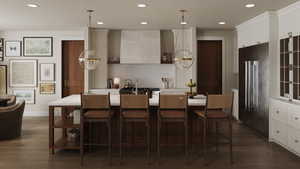 Rendering of Kitchen with high quality fridge, a chandelier, a kitchen island with sink, dark wood-style floors, and white cabinets