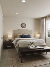 Rendering of Bedroom with a textured ceiling, carpet, and recessed lighting