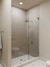 Rendering of Full bath featuring a shower stall and recessed lighting