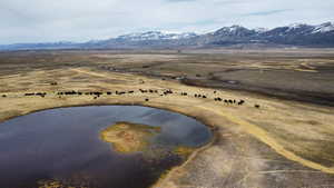 Birds eye view of property with a water and mountain view