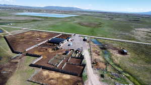 Aerial overview of property's location with a water and mountain view