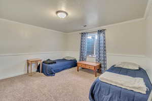 Bedroom with crown molding, carpet flooring, baseboards, and visible vents
