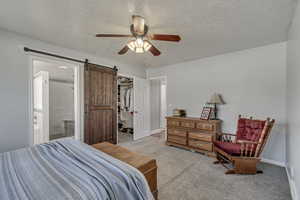 Bedroom featuring a walk in closet, a barn door, light carpet, a closet, and ensuite bath