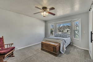 Carpeted bedroom with visible vents, ceiling fan, a textured ceiling, and baseboards