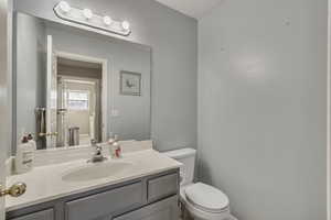 Half bath featuring toilet and vanity