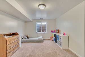 Bedroom with visible vents, baseboards, and carpet
