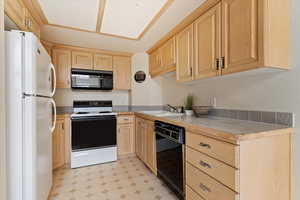 Kitchen featuring light floors, light brown cabinetry, a sink, black appliances, and light countertops