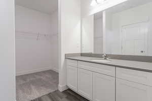 Bathroom featuring vanity, a walk in closet, baseboards, and wood finished floors