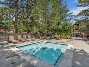 Swimming pool with a patio area and a hot tub