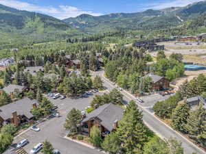 Aerial view of a mountainous background and a forest