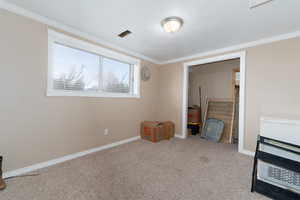 Carpeted bedroom with baseboards and ornamental molding