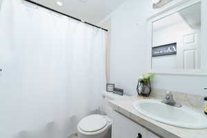 Bathroom featuring a shower with curtain, toilet, and vanity