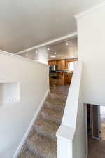 Stairs with recessed lighting, baseboards, and carpet floors