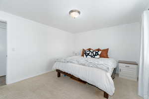 Bedroom featuring crown molding, baseboards, and light carpet